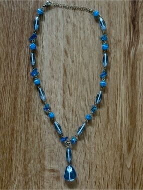 Icy Blue Glass Beaded Teardrop Necklace Y2K Mermaidcore Boho 22”